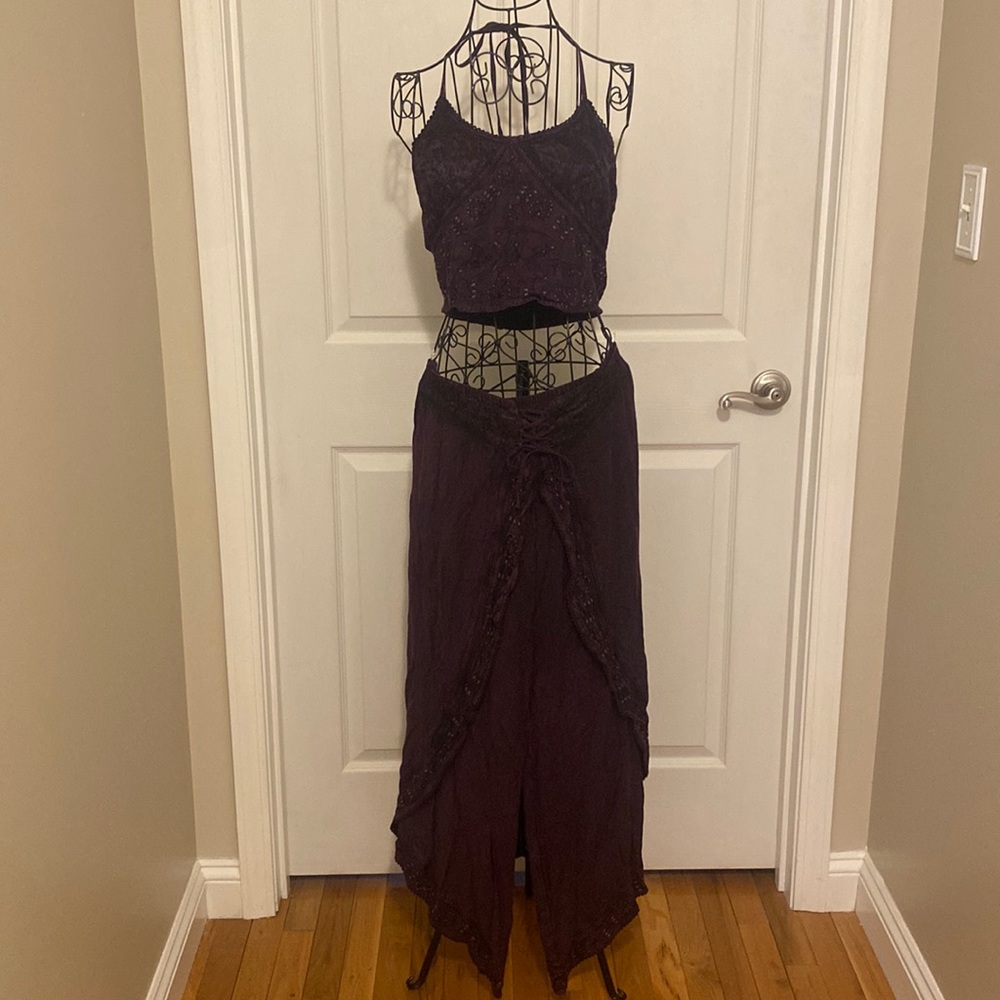 Vintage LSI L/XL Festival Halter Top & Corset Wrap Pants Beaded Embroidery